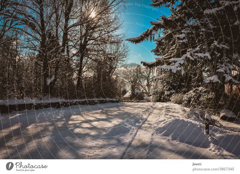 Verschneite schneebedeckte Straße in einem kleinen Dörfchen an einem sonnigen kalten Wintertag - der Himmel leuchtet blau - die Sonne scheint - schneebehangene Baumwipfel am Wegesrand **100**
