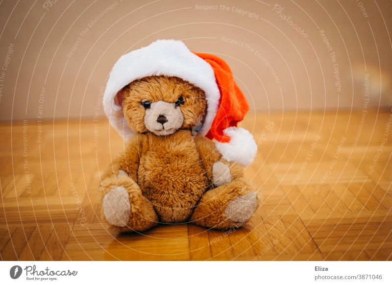Ein Teddybär mit Nikolausmütze. Konzept Weihnachten mit Kindern. teddybär Kuscheltier Kindheit weihnachtlich Mütze Weihnachtsmannmütze Weihnachtsmütze