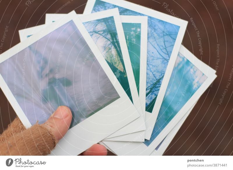 Sechs polaroids in einer Hand mit Handschuhen. Pastellfarben Polaroids halten hand handschuhe sechs pastell fotografie analog Erinnerung sentimental Nostalgie
