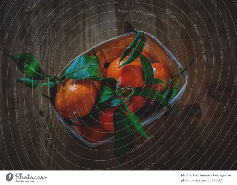 Orangenkorb auf dem Holztisch Apfelsinen Mandarinen Clementinen Früchte Obst Südfrüchte Schale Blätter Stiele Stengel Obstkorb Tisch Tischplatte Weihnachten