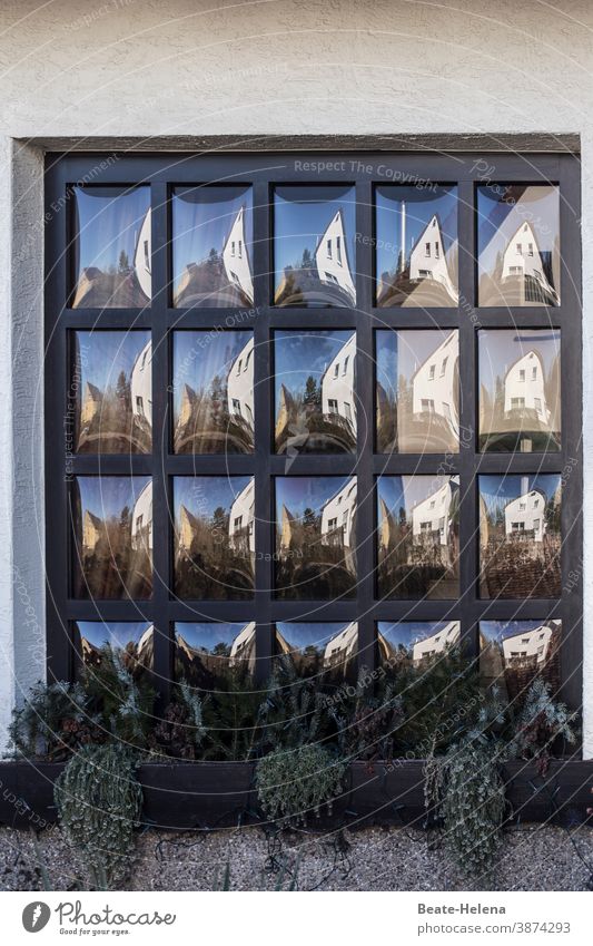 Blick durch den Zerrspiegel Spiegel Butzenscheibe Warhol Spiegelbild Reflexion & Spiegelung zerrbild Fenster Nachbarhaus Blumenkasten verspielt