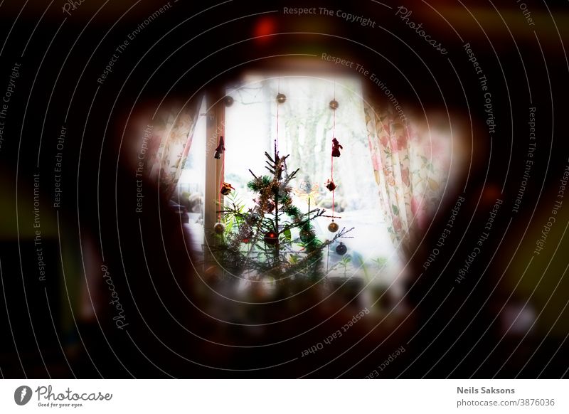 Weihnachtsbaum in Fensternähe - Aufnahme durch den sternförmigen Weihnachtsschmuck Baby Hintergrund Ball Kugel Kasten Baustein Feier Kind Weihnachten farbenfroh