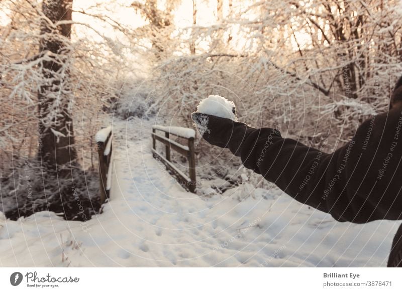 Hand mit Schneeball vor schneebedeckter Holzbrücke Hintergrund schön Schönheit Brücke kalt Umwelt Wald frisch Landschaft Licht natürlich Natur niemand im Freien