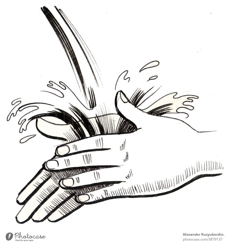 Handwäsche in fließendem Wasser. Tinte schwarz und weiß Zeichnung Hände Wäsche waschen Hygiene Sauberkeit Seife Kunst Kunstwerk Hintergrund