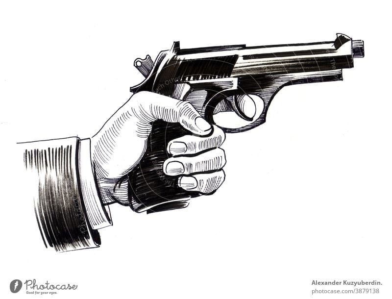 Hand hält eine Pistole. Tinte schwarz und weiß Zeichnung Waffe Beteiligung Kunst Kunstwerk Hintergrund Grafik u. Illustration Skizze Tusche