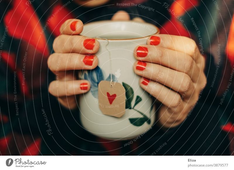 Frau mit rot lackierten Fingernägeln hält eine Teetasse, der Teebeutel hat ein Etikett mit rotem Herzchen drauf. Tee trinken Tasse gemütlich Wärme Winterzeit