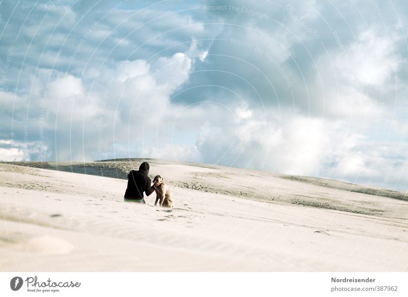 Zwei Ausflug Abenteuer Ferne Freiheit wandern Mensch Junger Mann Jugendliche Landschaft Himmel Wolken Klima Klimawandel Wüste Tier Hund Sand Kommunizieren