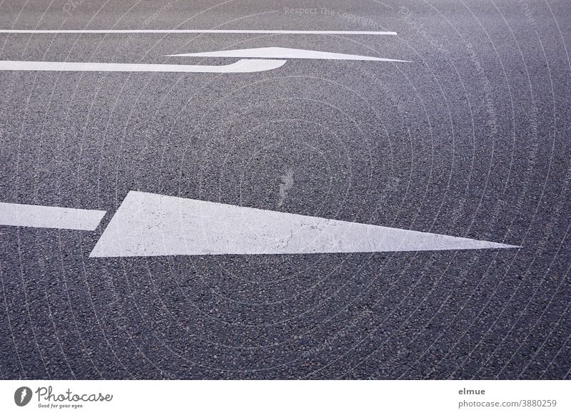 auf einer grauen, asphaltierten Straße zeigt ein weißer Pfeil die Geradeausspur, ein anderer die Linksabbiegerspur an / Fahrbahnmarkierung / Orientierung / Entscheidung