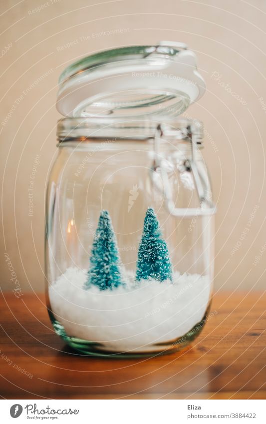 Weiße Weihnachten im Glas - Zwei kleine Tannenbäume auf Schnee in einem Einmachglas Dekoration Weihnachtsdekoration Lichterkette weihnachtlich