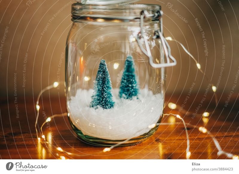Weiße Weihnachten - Zwei kleine Tannenbäume auf Schnee in einem Einmachglas mit Lichterkette weihnachtlich Weihnachtsdekoration Schneekugel Weihnachten & Advent
