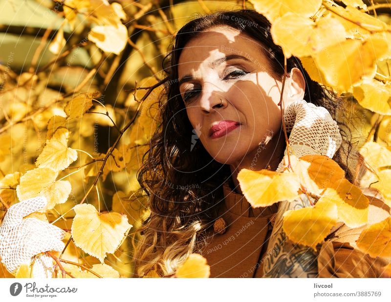 Frau zwischen den Zweigen eines goldenen Baumes im Herbst retuschieren Behaarung Niederlassungen gelb Park Garten Gelblich Blätter Lifestyle reif Porträt