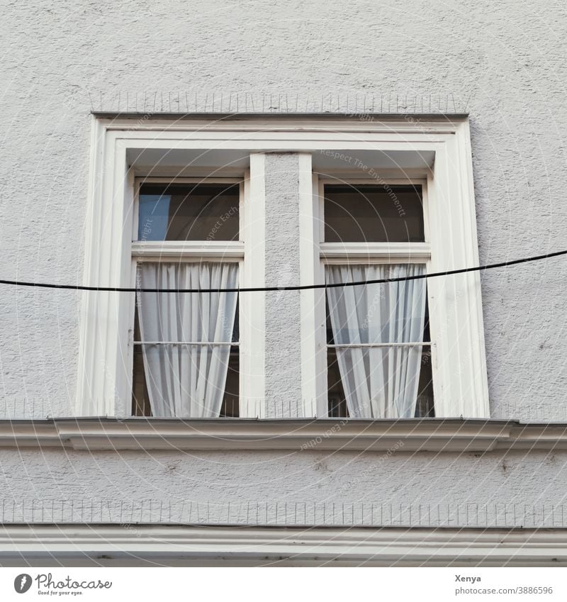 Fenster grau Einsamkeit Traurigkeit Fassade Wand Gebäude trist Außenaufnahme Menschenleer Mauer Haus Gardinen Kabel häusliche Quarantäne Taubenschutz