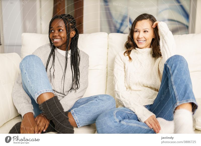 Zwei Freundinnen von Studentinnen lächeln zusammen auf der Couch zu Hause. Frauen multiethnisch rassenübergreifend Liege Lachen Schüler schwarz Afro-Look