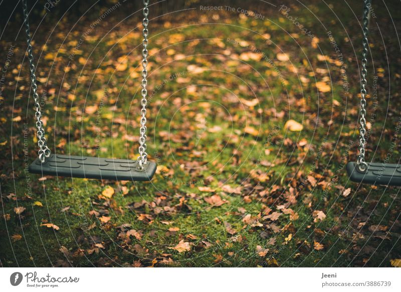 Verlassene Schaukel auf einem Spielplatz | es ist Herbst | die nassen Blätter liegen auf dem Rasen verlassen einsam Laub herbstlich Kinderspielplatz Kindheit
