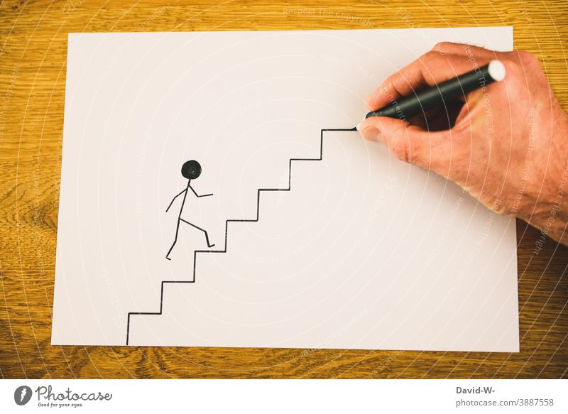 es geht aufwärts Erfolg aufsteigen Karriere Treppe Strichmännchen Konzept hilfestellung Kreativität Erfolgsaussicht helfende Hand Perspektive