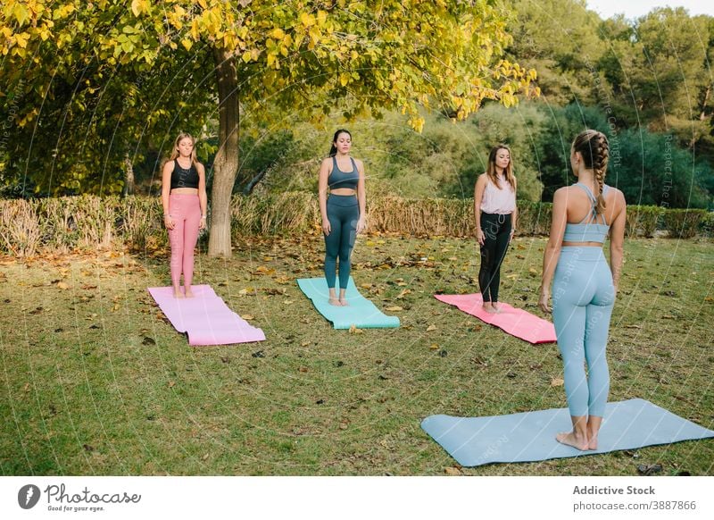 Junge Frauen mit Lehrer üben Yoga im Park Menschengruppe Ausbilderin Berge u. Gebirge tadasana Pose Asana jung Zusammensein Wellness Harmonie Vitalität Natur