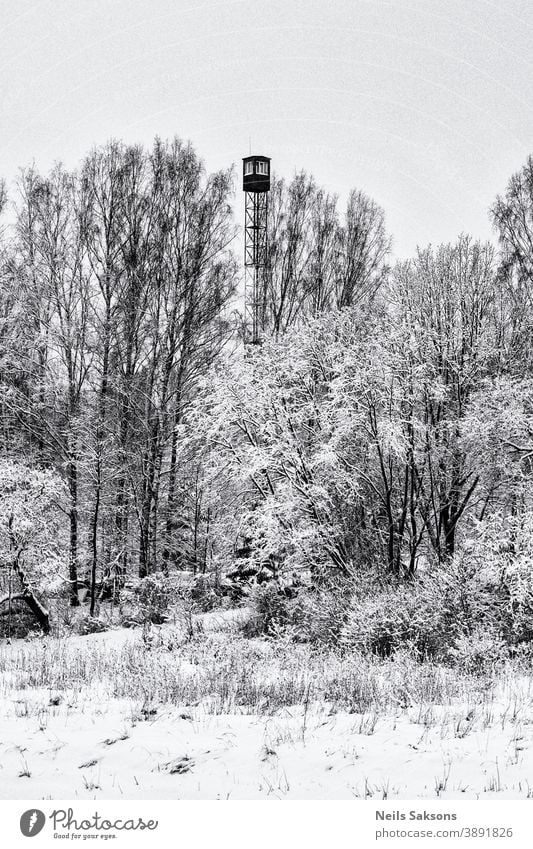 Feuerwachturm im Winter im lettischen Wald gefunden Architektur Feuerwehrmann Lager Cloud Konzentration Europa bewachen hoch Landschaft Militär niemand