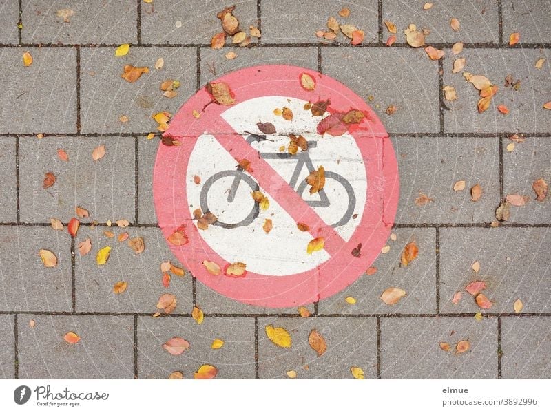 Auf die graue Betonpflasterstraße aufgemaltes Verkehrszeichen "Radfahren verboten" mit Herbstlaub / Verbotsschild / Verkehrsregelung Schild Verbotszeichen