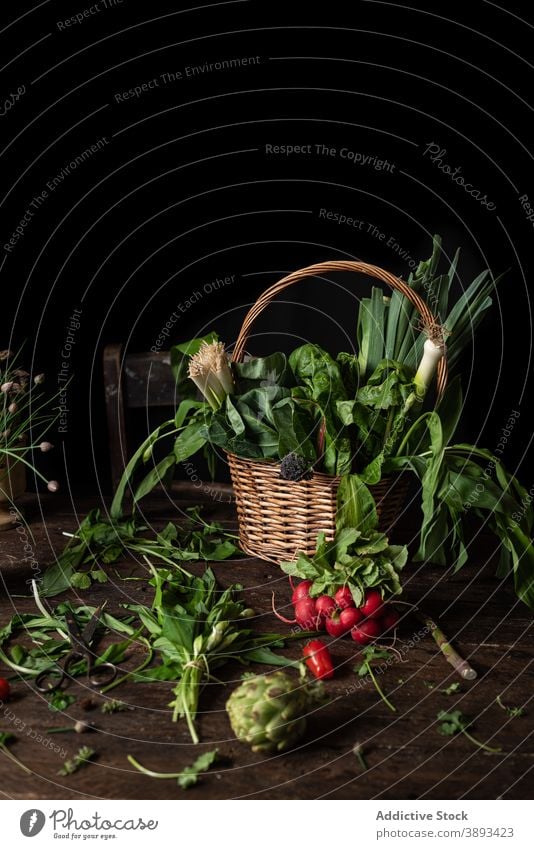 Frische grüne Kräuter und Radieschen auf dem Tisch Kraut Gemüse Blatt Lebensmittel Korb verschiedene essbar organisch natürlich Gesundheit frisch Weide Rettich