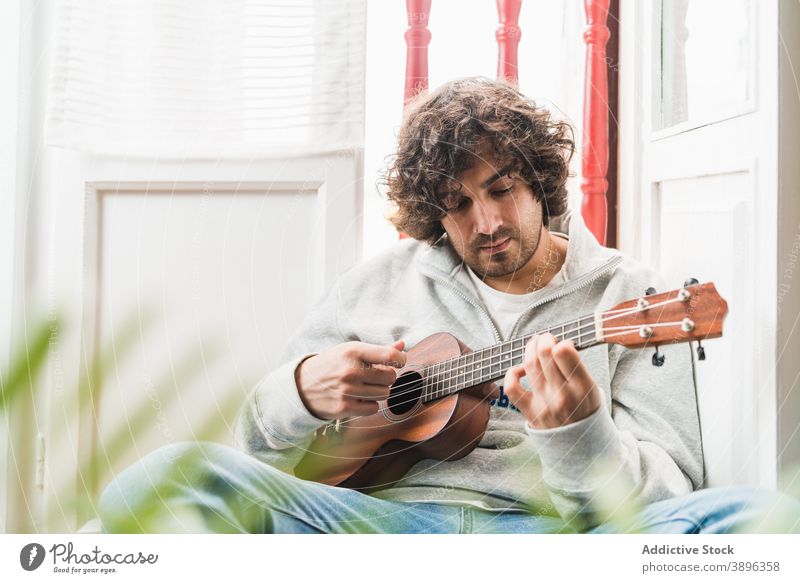 Nachdenklich Mann spielt Ukulele Gitarre spielen heiter Musiker ausführen positiv Instrument jung ethnisch hispanisch männlich Melodie heimwärts Lifestyle