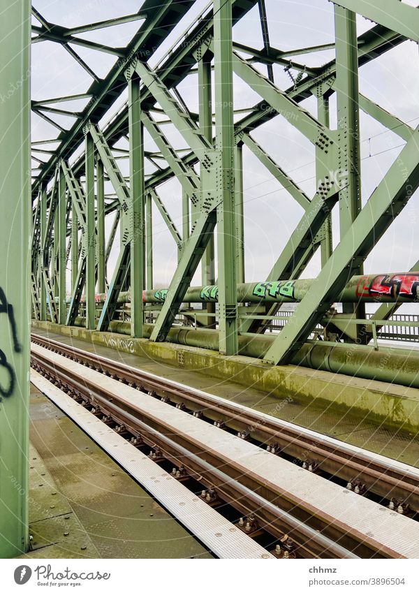 Eisenbahnbrücke Stahl Brücke Rheinbrücke Gleise Schienenverkehr Verkehr Güterverkehr & Logistik Bahnfahren Verkehrsmittel Infrastruktur Graffiti