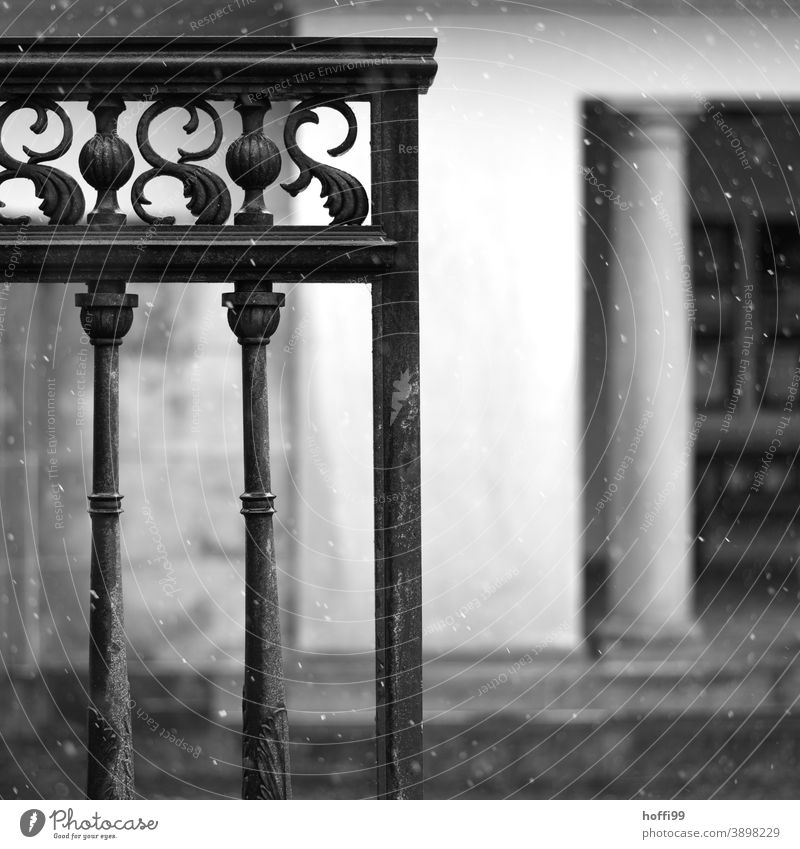 leichtes Schneetreiben mit Eingangstor und Säule Schneefall geschmiedet verziehrung gitterstäbe Klassizismus Winter kalt Schneeflocke dunkel Säulen Säulengang