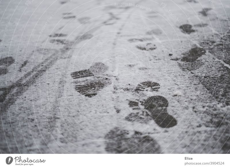 Fußspuren im Schnee Winter Spuren Boden kalt weiß Neuschnee gehen Asphalt Schneedecke Schneespur