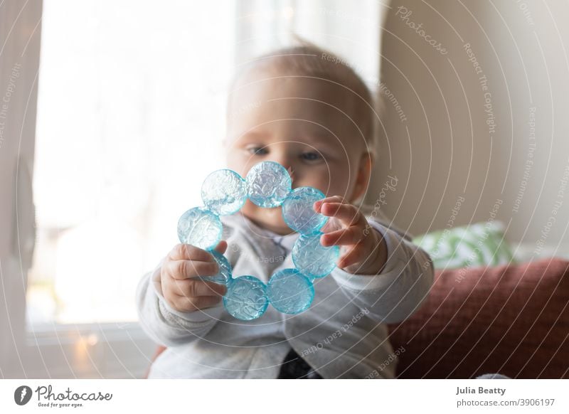 6 Monate halten Baby halten Beißring mit beiden Händen vor dem Gesicht Kauen Zähne sechs Monate Säugling Halt packen erkunden sensorisch Wasser kalt Kunststoff