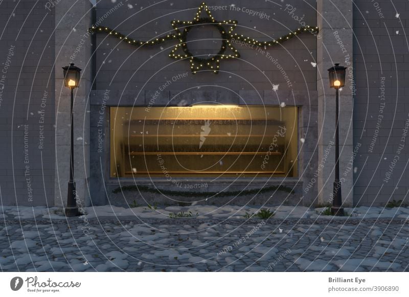 gelb beleuchtetes Schaufenster mit leeren Regalen und ausserhalb geschmückt mit weihnachtlicher Beleuchtung 3d Verlassen Gasse antik Architektur Hintergrund