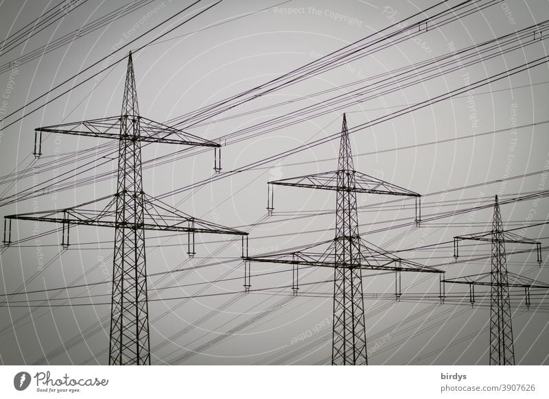 Strommasten mit Hochspannungsleitung bei trübem Wetter Elektrizität Energiewirtschaft Stromversorgung Kabel Stromtrasse Nebel formatfüllend