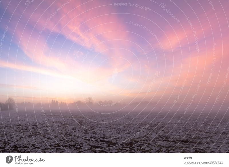 Sonnenaufgang über schneebedeckter Wiese mit Bodennebel im Winter Cloud kalt farbenfroh bunte Wolken Textfreiraum Nebel Landschaft Morgen Morgennebel