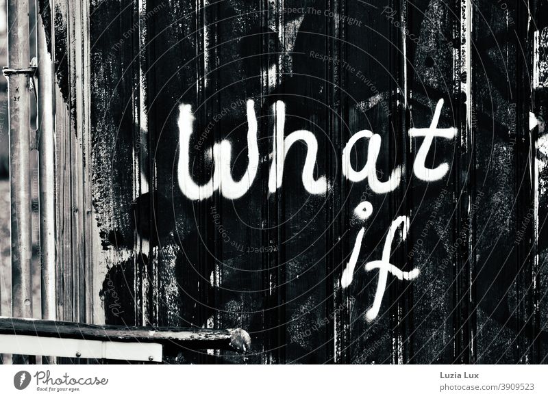 what if, was wäre wenn... Bauzaun, Bretter, ein Stück Geländer Graffiti Wand Straßenkunst Menschenleer Außenaufnahme graffity schwarz weiß Überlegung offen Holz