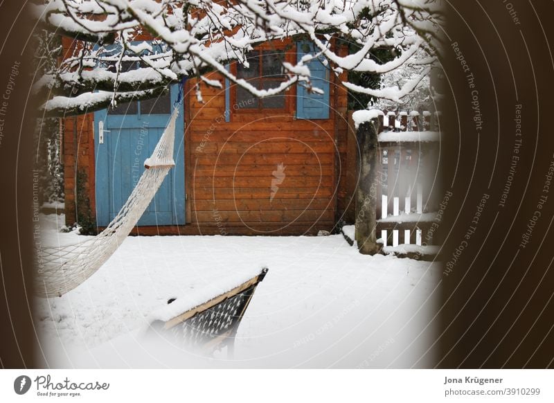 Garten im Winter Laube Holzhaus Schnee weiß Stille ruhig Natur friedlich kalt Frost Eis Tag Außenaufnahme Menschenleer Gedeckte Farben Farbfoto