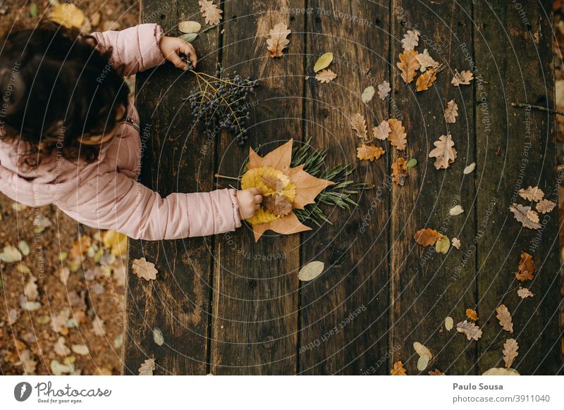 Mit Herbstblättern spielendes Kind herbstlich Herbstlaub Herbstfärbung fallen Winter Natur Laubwerk Herbstwald Blätter Tag Farbfoto Blatt Umwelt Außenaufnahme