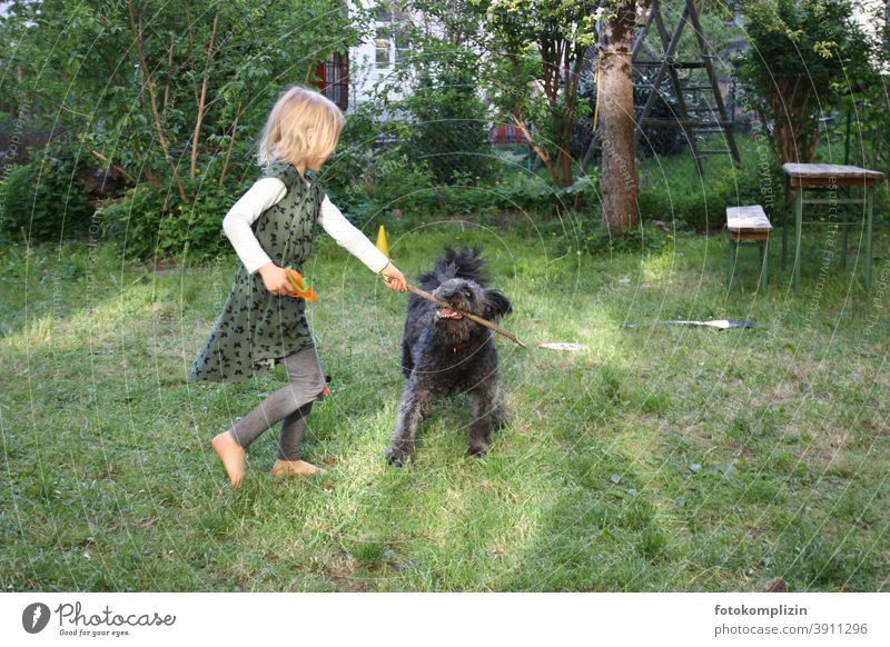 Mädchen spielt mit Hund im Garten Kind Haustier Stock zerren Zusammensein Kindheit Freundschaft Spielen Tierliebe Fröhlichkeit wild toben Hundeerziehung Glück