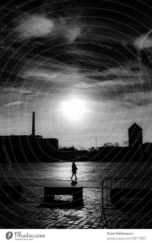 Frau im Licht geht spazieren Silhouette Spazieren Natur Außenaufnahme Spaziergang Erwachsene Schatten dunkel Gegenlicht minimalistisch Mensch gehen Wege & Pfade