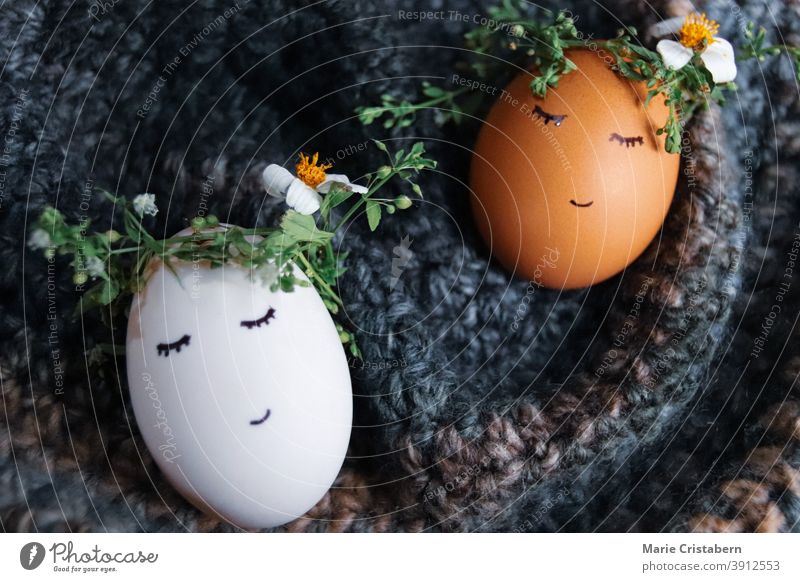 Niedliche Eier mit Blumenkränzen und gezeichneten Gesichtern als Dekoration für Ostern und den kommenden Frühling österliche Dekoration Ostereier