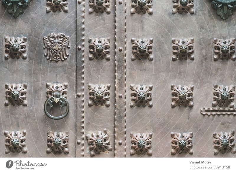 Nahaufnahme einer alten Eisentür mit Ziernägeln Tür Vorderseite Architektur Detailaufnahme abstrakt gealtert urban bügeln ornamental Hintergrund Türklopfer