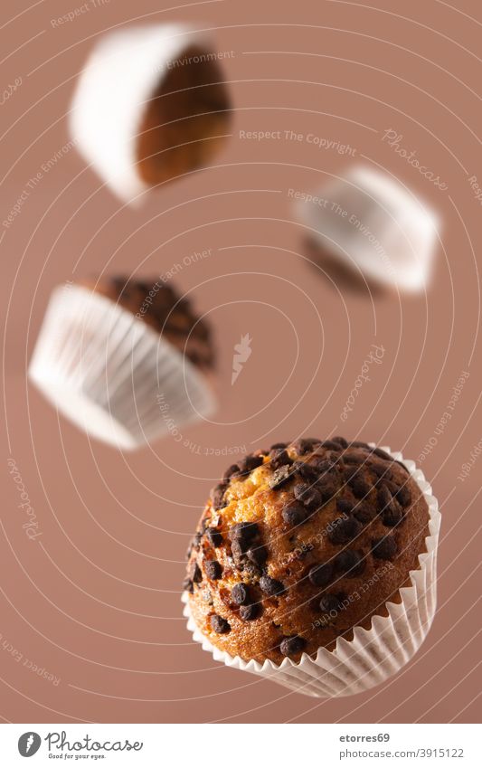 Fliegende Schokoladenmuffins Muffins Kuchen Cupcake Lebensmittel Dessert braun gebacken Frühstück Brunch Kakao lecker selbstgemacht vereinzelt Zucker süß Sahne