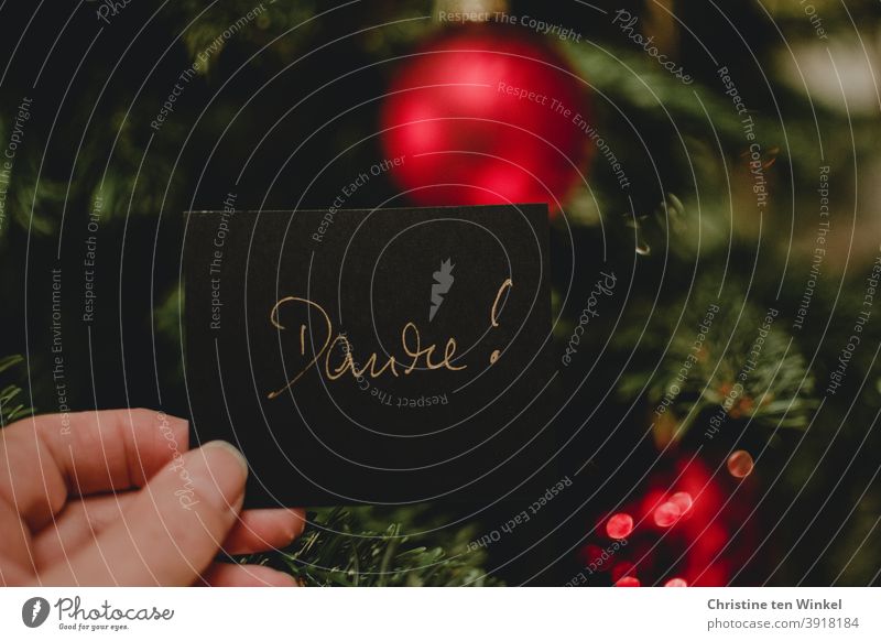 Hand hält ein schwarzes Papier mit der handgeschriebenen Aufschrift 'Danke' . Im Hintergrund rote Kugeln am Weihnachtsbaum danken Weihnachten Christbaumkugel