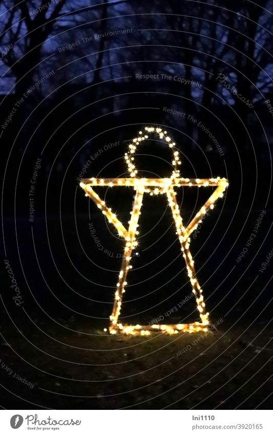 Engel mit einer Lichterkette geschmückt steht beleuchtet im Park Weihnachten & Advent Weihnachtsdekoration Gestell Holz Metall Weihnachtsbeleuchtung Abend