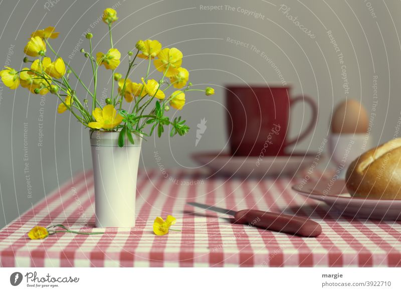 Eine Vase mit Butterblumen steht auf einem Frühstückstisch mit rotkarierter Tischdecke. Ein Brötchen auf einem Teller mit einem Messer, im Hintergrund eine rote Tasse auf einem Unterteller und ein gekochtes Ei in einem Eierbecher
