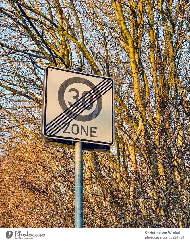 30er Zone Ende, Verkehrszeichen vor kahlen Sträuchern Verkehrsschild Straßenverkehr Schilder & Markierungen Verkehrswege Hinweisschild Sicherheit Zeichen
