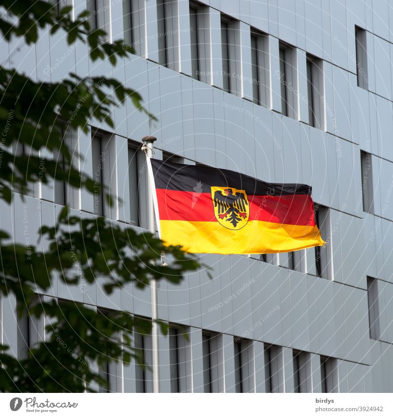 Deutschlandflagge mit Bundesadler vor einem staatlichen Gebäude weht im Wind BRD Flagge Fahne Patriotismus Nationalflagge Politik & Staat Deutsche Flagge wehen