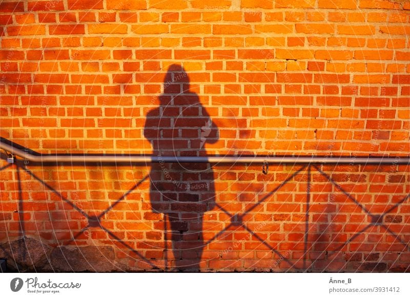 Mein Schatten und eine Mauer - Backstein, Schatten und Geländer Backsteinwand Ziegelsteine rot Wand Mauerstein Silhouette feuerrot Abendlicht Sonnenuntergang