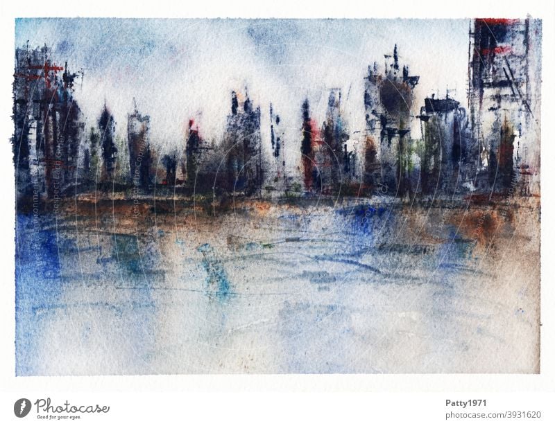 Aquarellmalerei. Abstrakte Skyline spiegelt sich in Wasser Kunst Malerei abstrakt Spiegelung Kreativität Gemälde Wasserfarbe Menschenleer Stadt Hochhaus malen