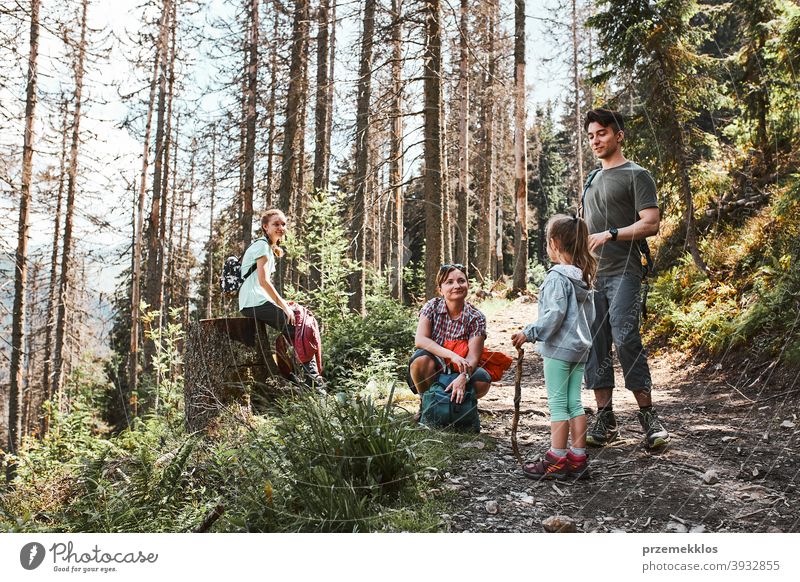 Familie mit Rucksäcken Wandern in einem Gebirge aktiv verbringen Sommerurlaub zusammen Aktivität Abenteuer Frau Wald Waldlandschaft Schneise Freiheit Spaß grün