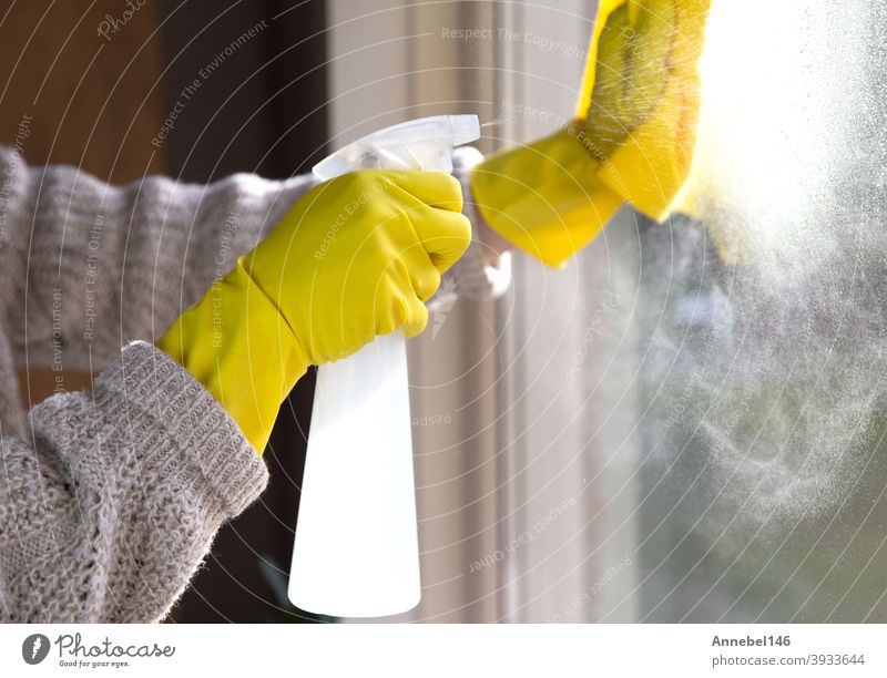 Reinigung eines Fensters mit Sprühwaschmittel, gelben Gummihandschuhen und Geschirrtuch auf Arbeitsfläche Konzept für Hygiene, Business und Gesundheit Konzept