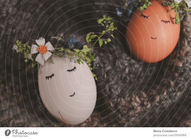 Niedliche Eier mit Blumenkränzen und gezeichneten Gesichtern als Dekoration für Ostern und den kommenden Frühling österliche Dekoration Ostereier
