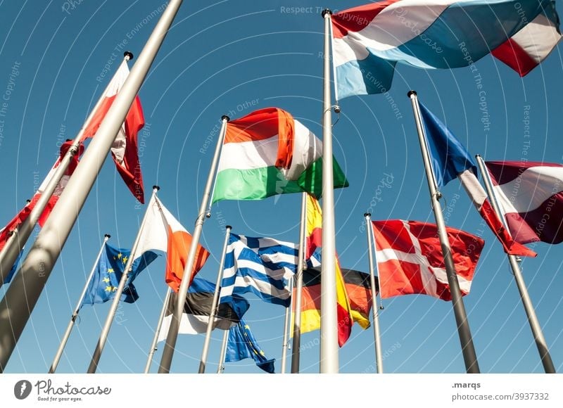 EU Flagge Flaggen Flaggenmast Europa international Politik & Staat Nationalflagge wehen Zusammenhalt Gemeinschaft Deutschland Italien Dänemark Frankreich Polen